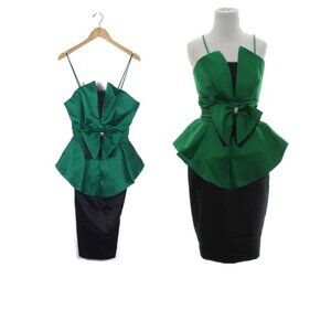 Vintage Night Way 1980s Emerald Green Black Rhinestone Bow Pencil Knee Dress